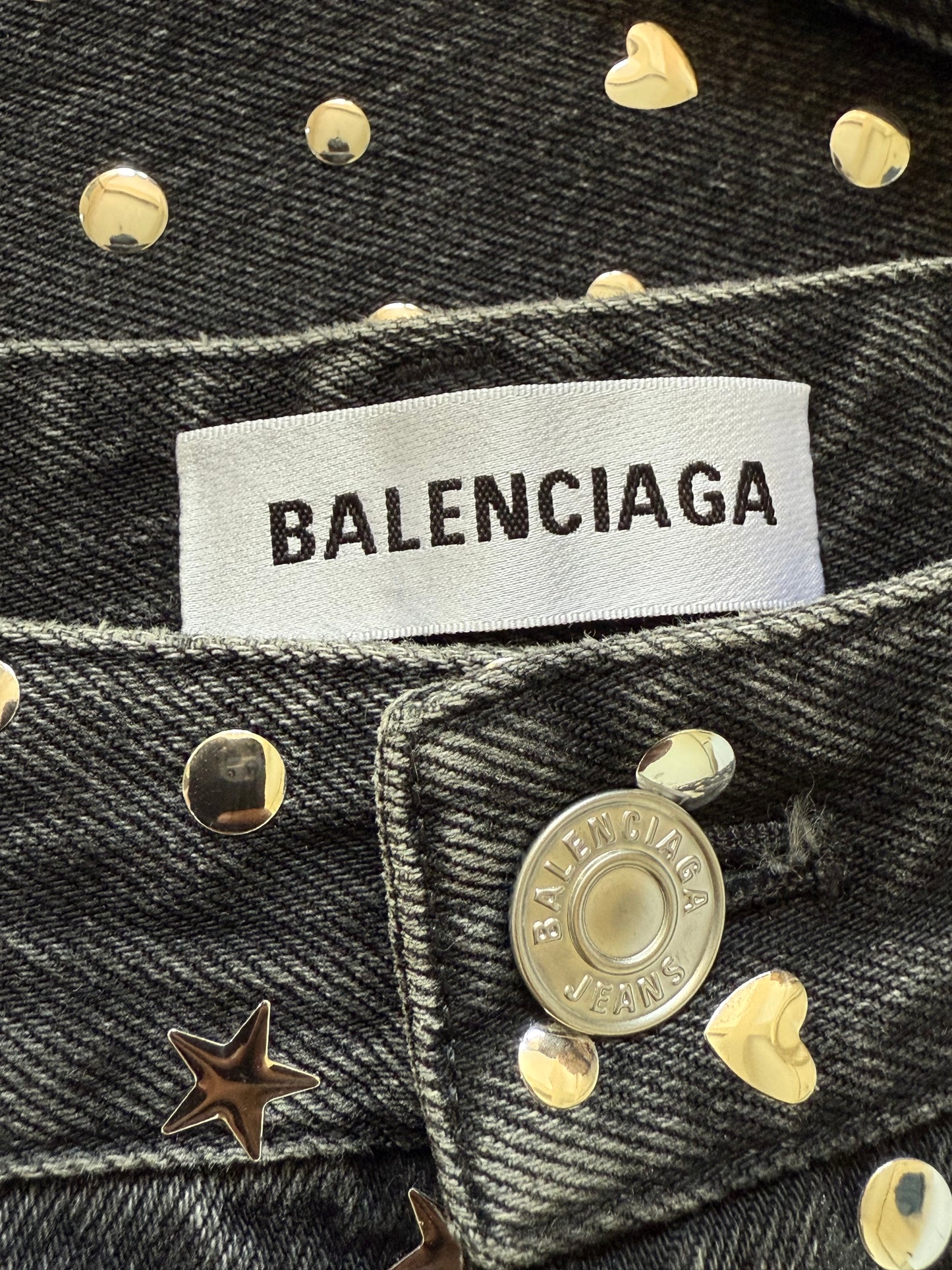Balenciaga Black Denim Pants Silver Studded Embellishments