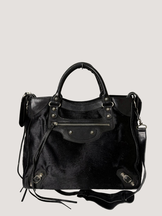 Balenciaga Vélo Black Pony Hair Classic Silver Hardware City