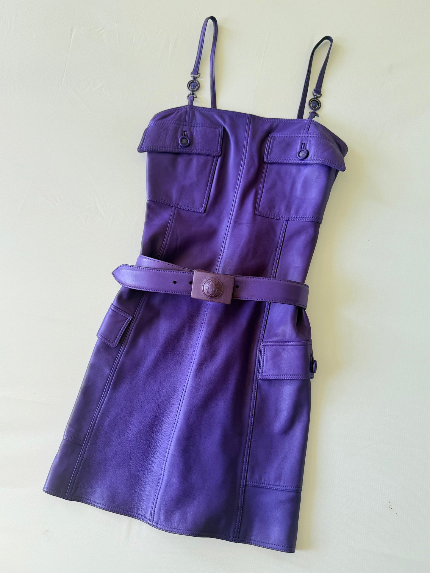 Gianni Versace 1996 F/W Purple Leather Belted Shift Dress