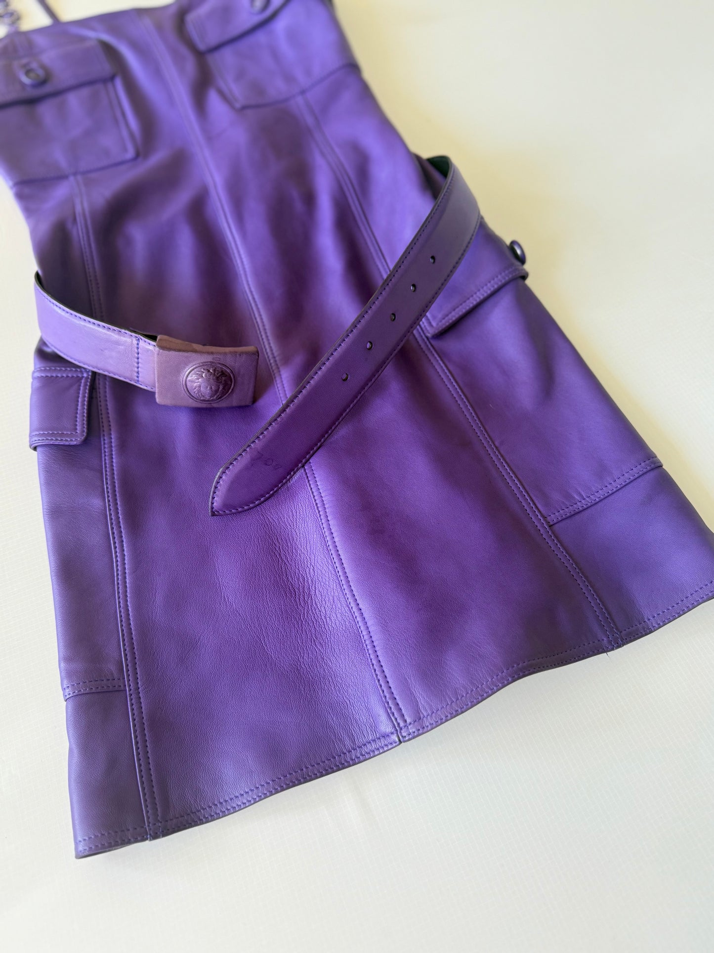 Gianni Versace 1996 F/W Purple Leather Belted Shift Dress