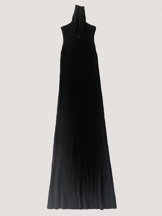 Chanel Black Pleated Turtle Neck Maxi Dress
