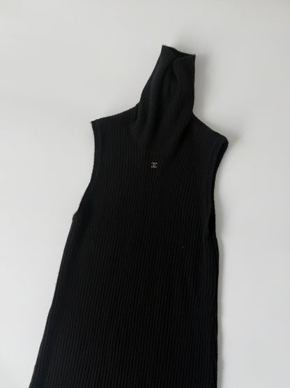 Chanel Black Pleated Turtle Neck Maxi Dress