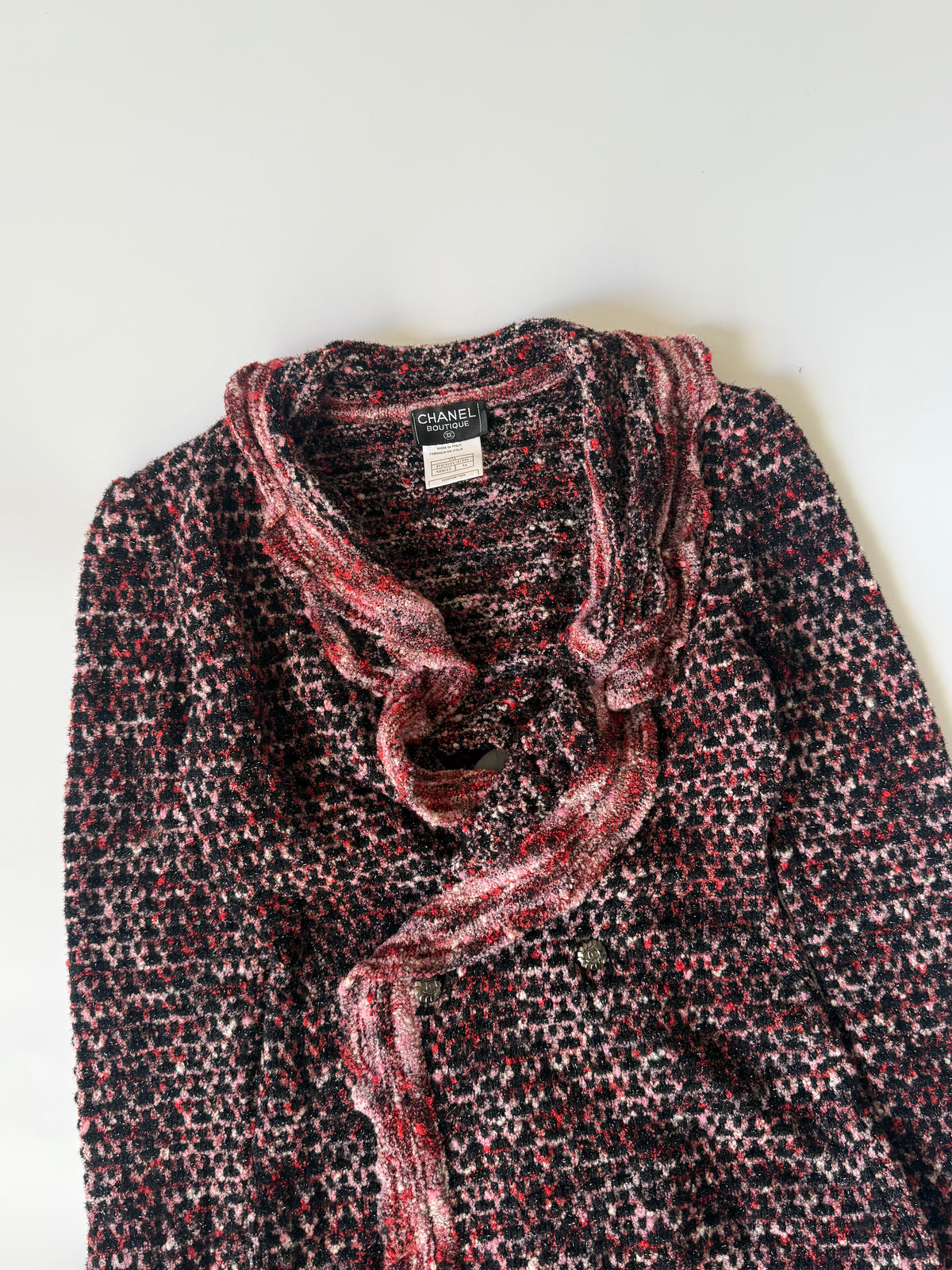 Chanel Boutique Burgundy Raffled Collar Cardigan