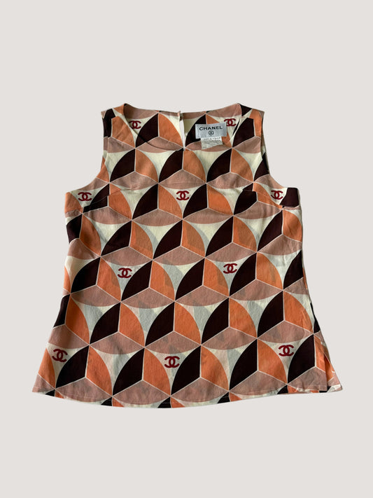 Vintage Chanel Orange Geometric Print Sleeveless Blouse