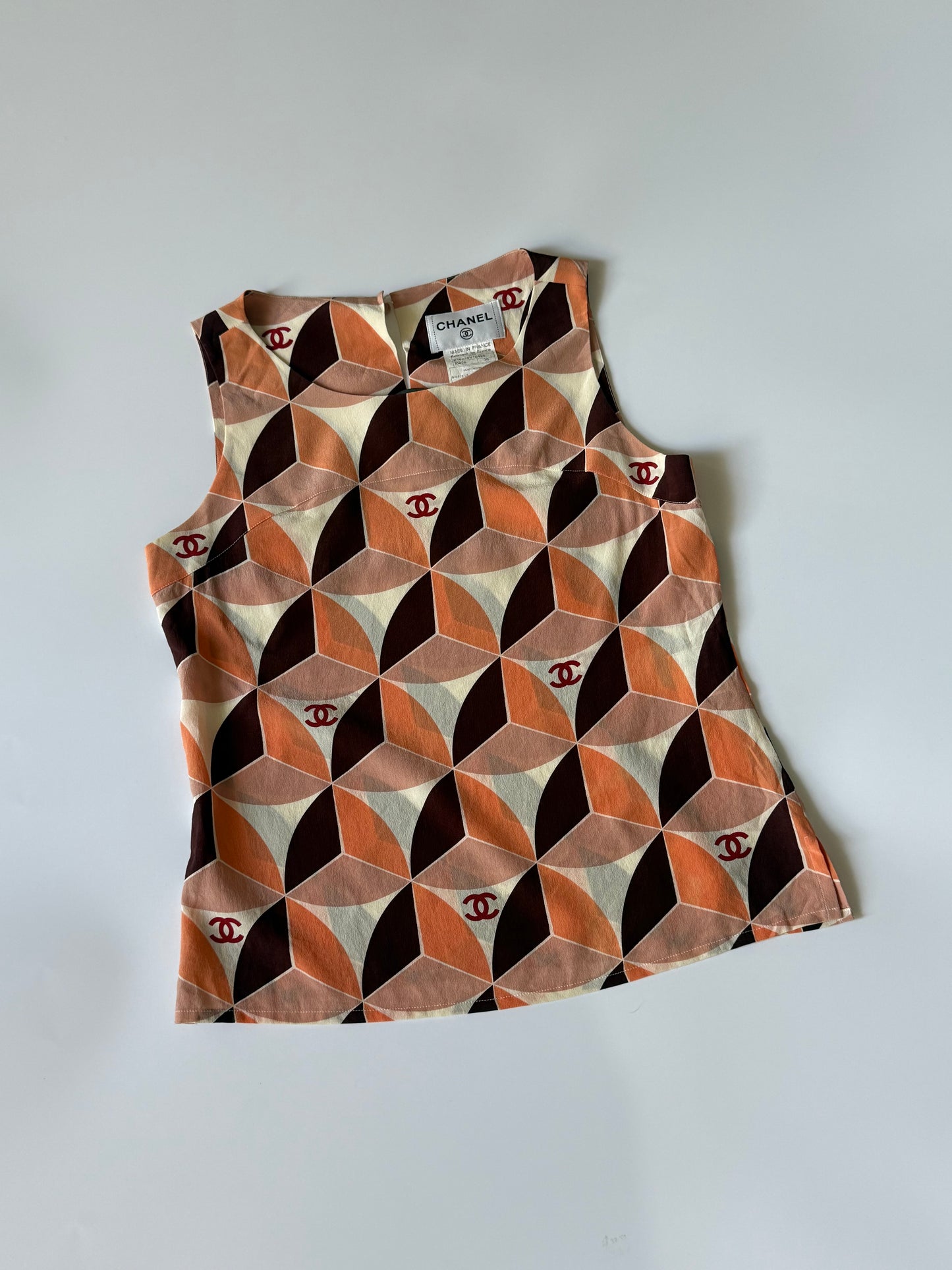 Vintage Chanel Orange Geometric Print Sleeveless Blouse