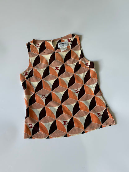 Vintage Chanel Orange Geometric Print Sleeveless Blouse