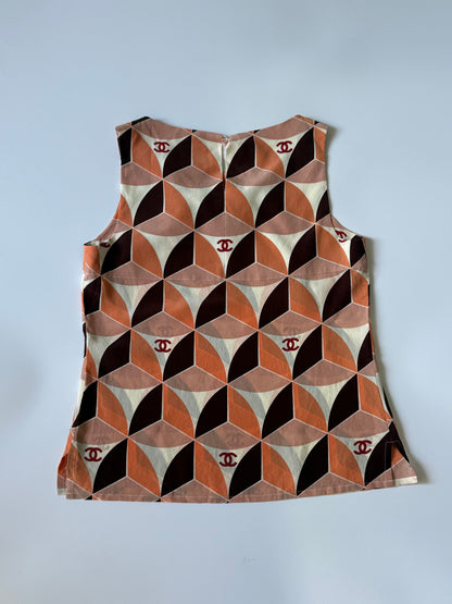 Vintage Chanel Orange Geometric Print Sleeveless Blouse