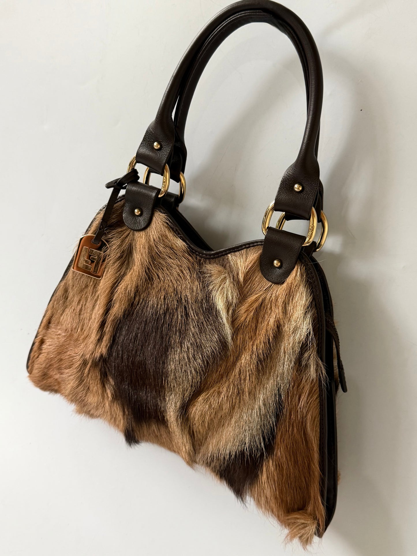 Fendi 2003 Brown Fox Fur Small Devil Trapezio Tote Bag
