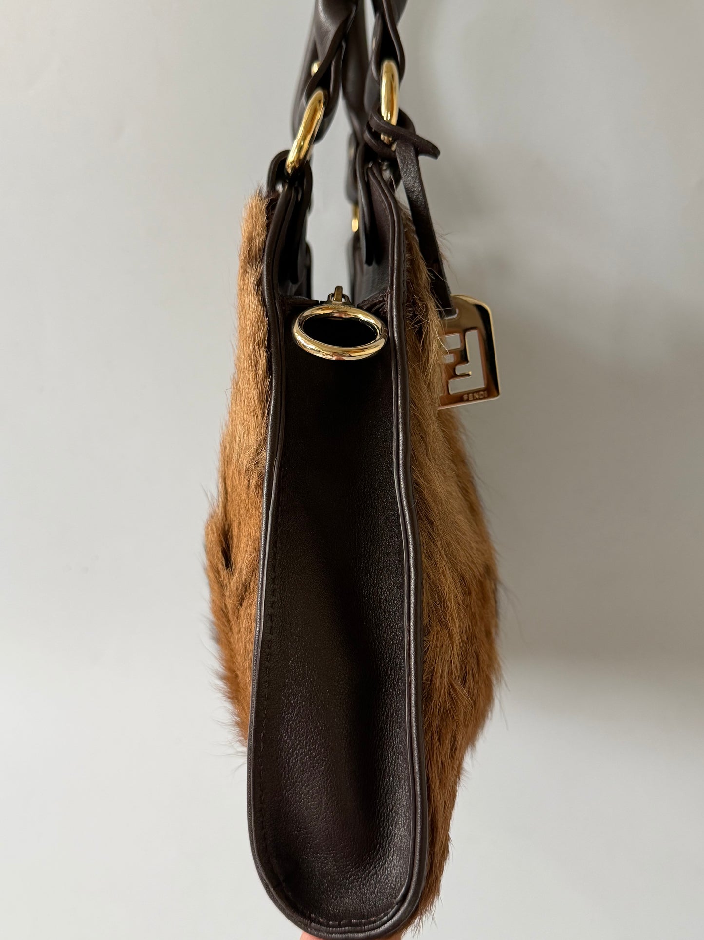 Fendi 2003 Brown Fox Fur Small Devil Trapezio Tote Bag