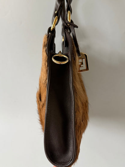 Fendi 2003 Brown Fox Fur Small Devil Trapezio Tote Bag