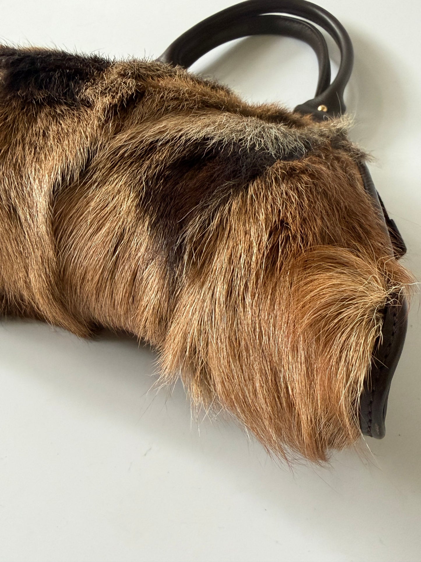 Fendi 2003 Brown Fox Fur Small Devil Trapezio Tote Bag