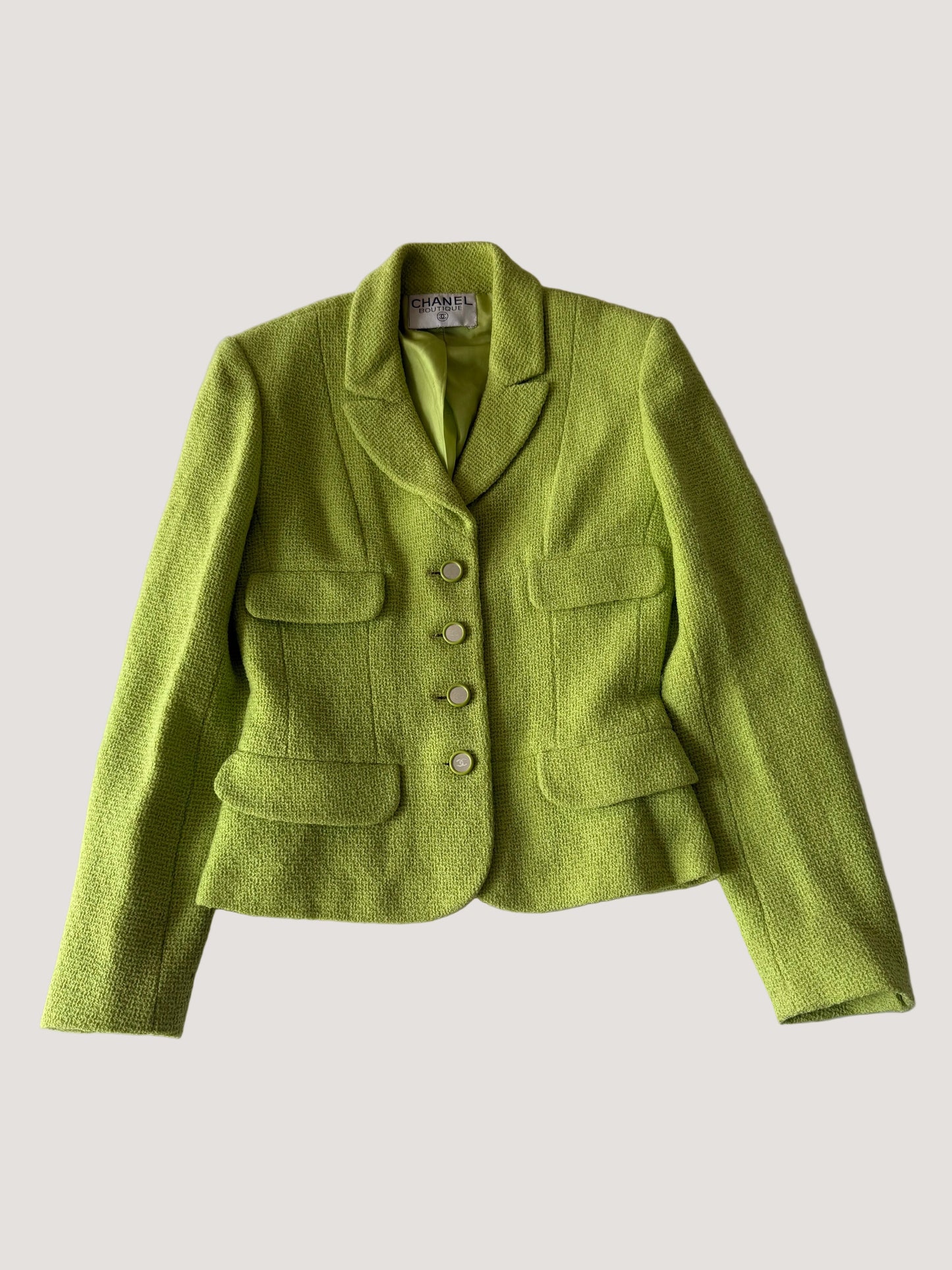 Chanel Boutique 1995 Lime Green Wool Tweed Blazer
