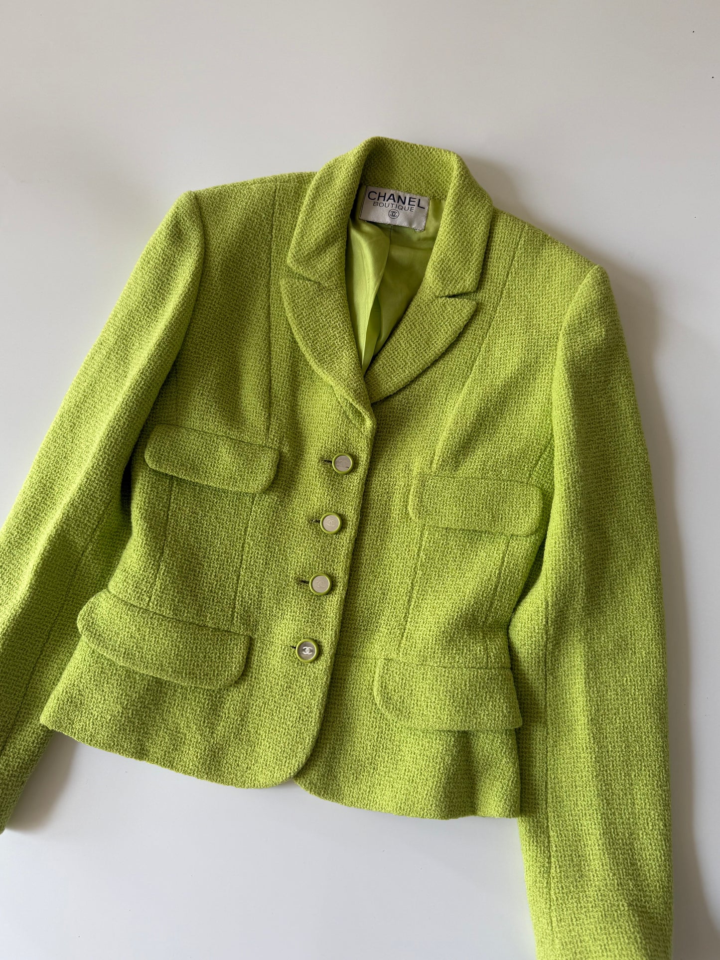 Chanel Boutique 1995 Lime Green Wool Tweed Blazer