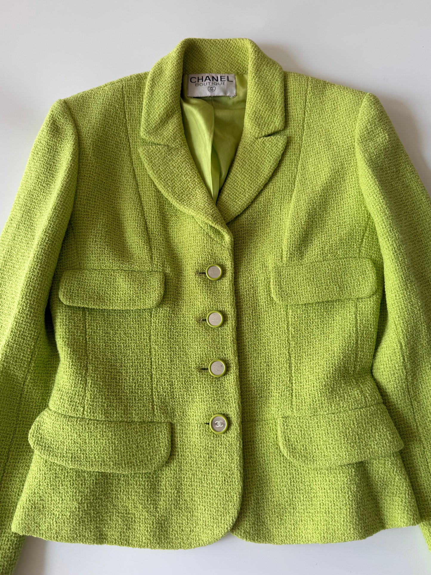Chanel Boutique 1995 Lime Green Wool Tweed Blazer