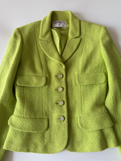 Chanel Boutique 1995 Lime Green Wool Tweed Blazer