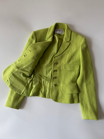 Chanel Boutique 1995 Lime Green Wool Tweed Blazer