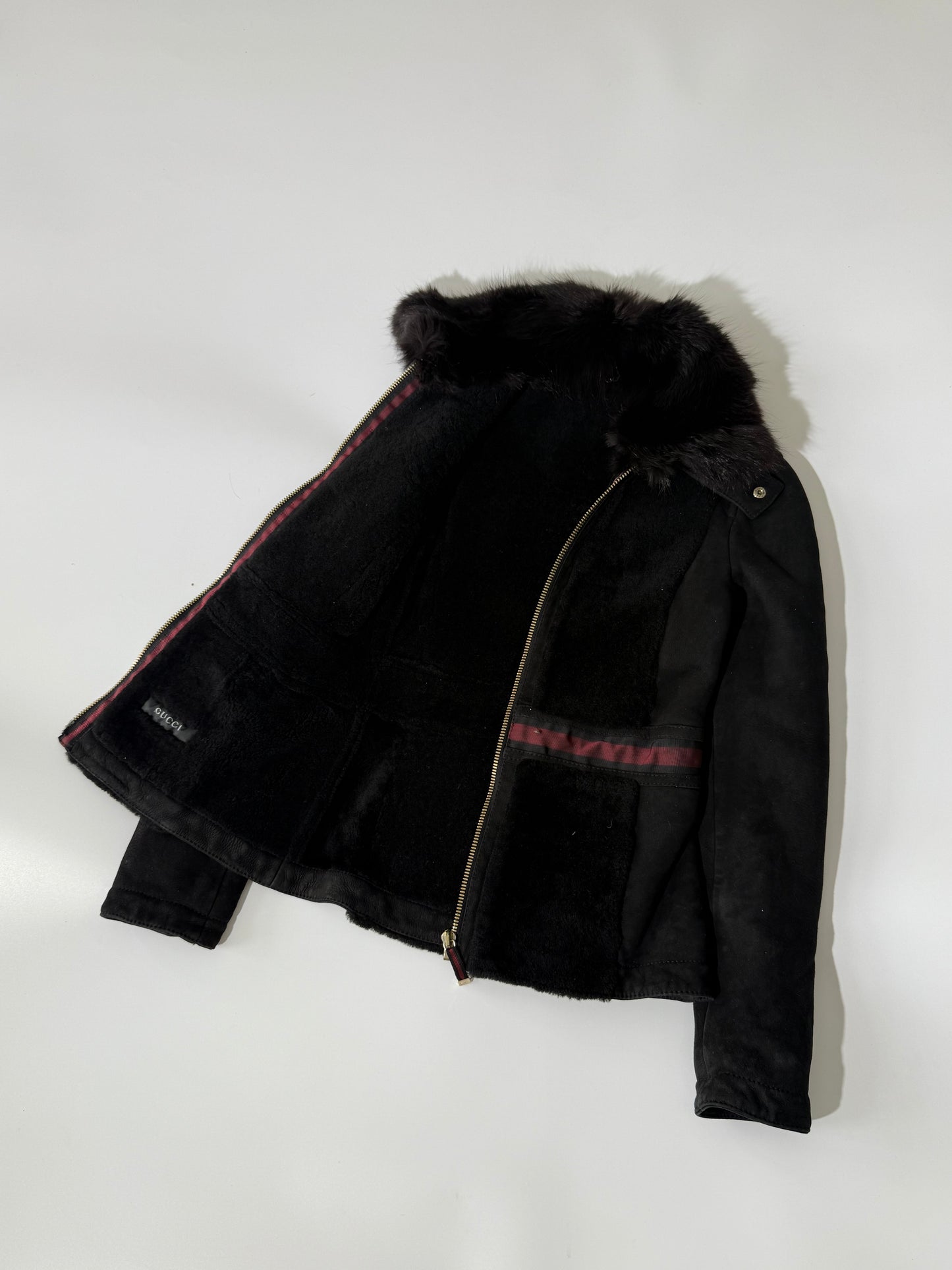Gucci by Tom Ford Black Fur Collar Shearling Jacket