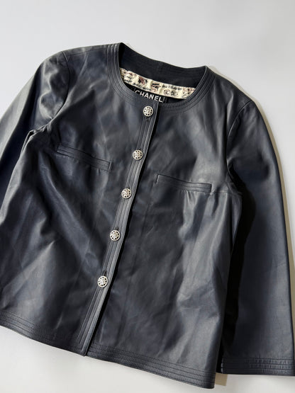 Cruise 2006 Chanel Black Leather Collarless Biker Jacket