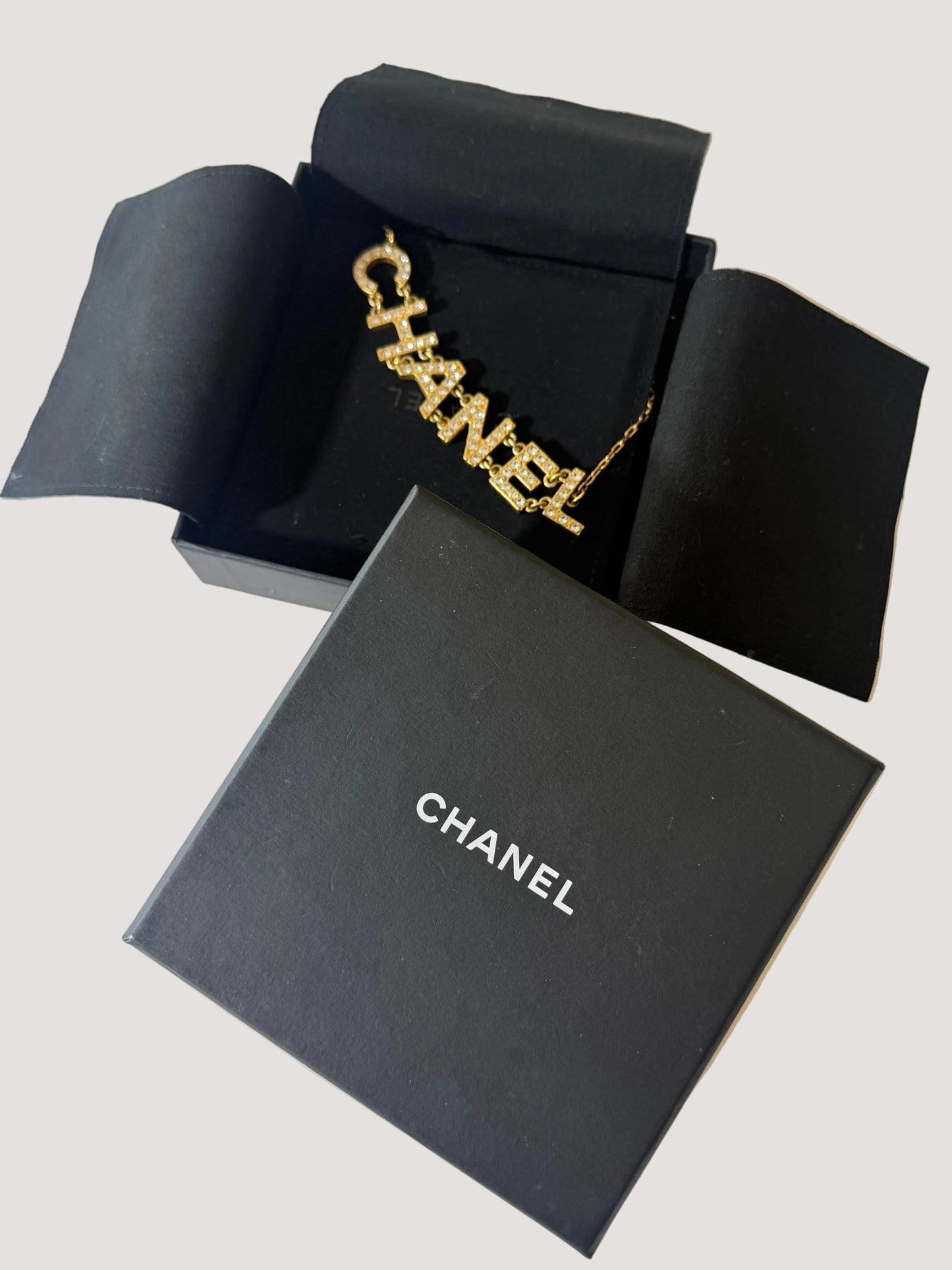 1990’s Chanel Metal Crystal Icon Logo Gold Necklace