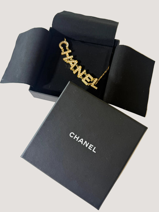 1990’s Chanel Metal Crystal Icon Logo Gold Necklace