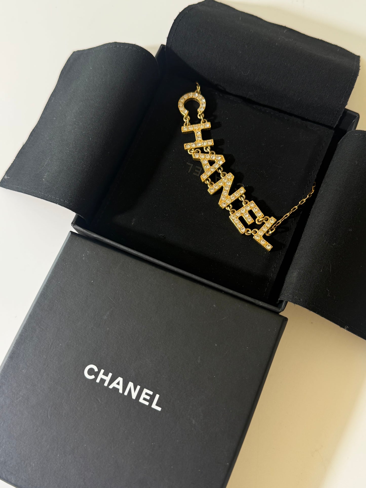 1990’s Chanel Metal Crystal Icon Logo Gold Necklace