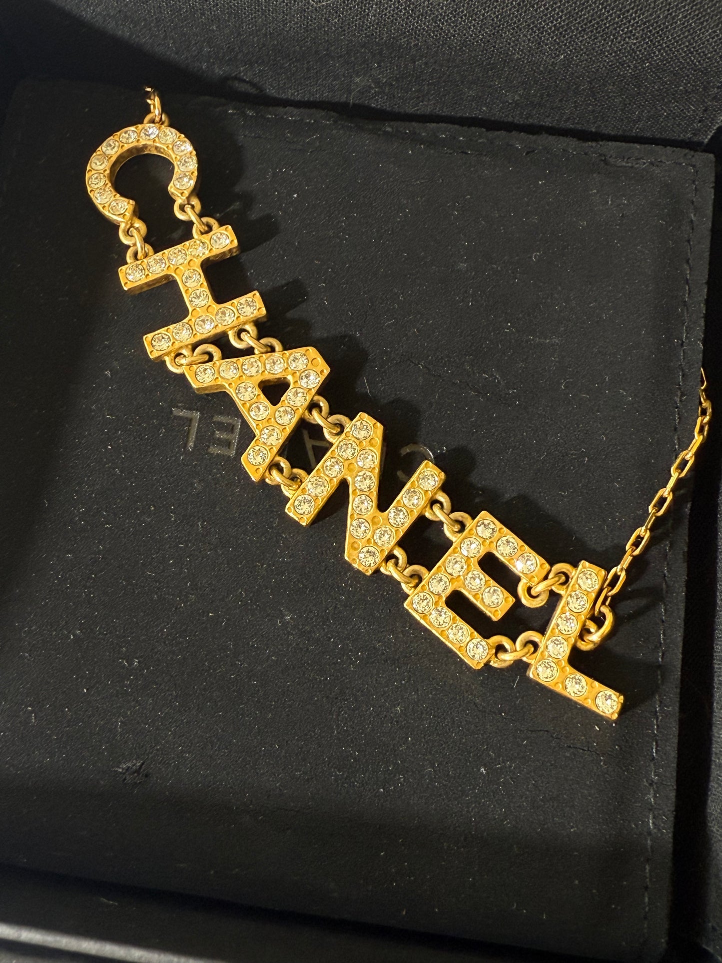 1990’s Chanel Metal Crystal Icon Logo Gold Necklace