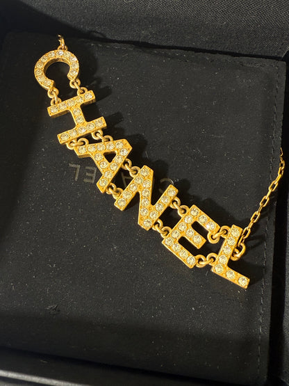 1990’s Chanel Metal Crystal Icon Logo Gold Necklace