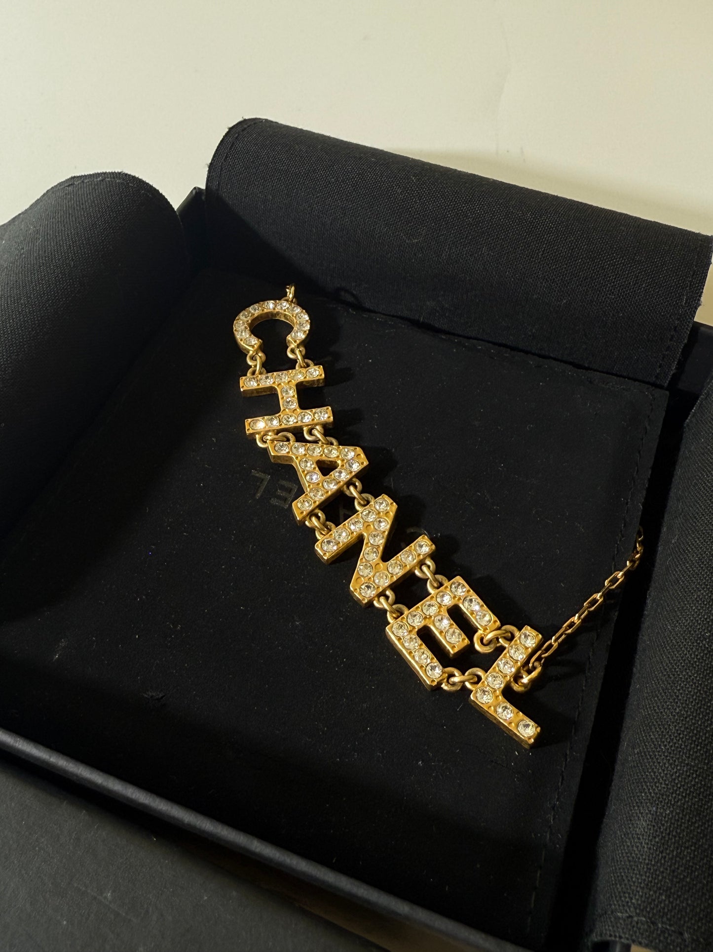 1990’s Chanel Metal Crystal Icon Logo Gold Necklace