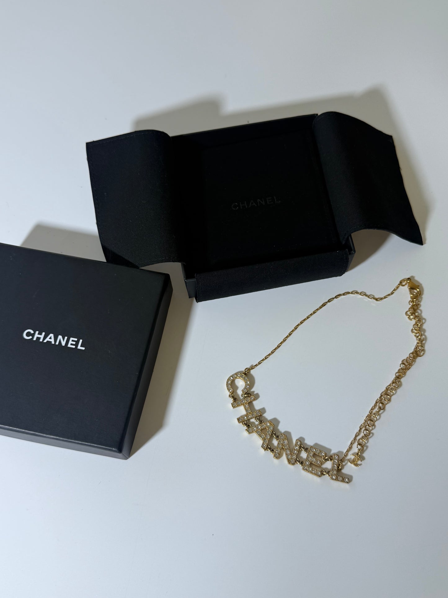 1990’s Chanel Metal Crystal Icon Logo Gold Necklace