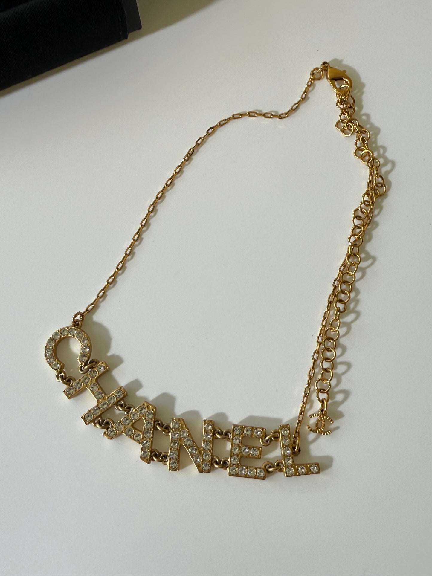 1990’s Chanel Metal Crystal Icon Logo Gold Necklace
