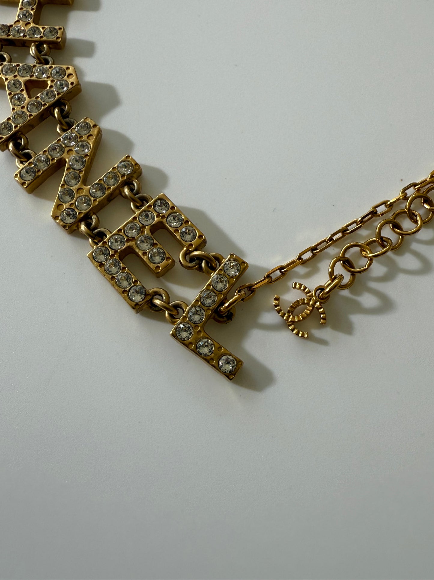 1990’s Chanel Metal Crystal Icon Logo Gold Necklace