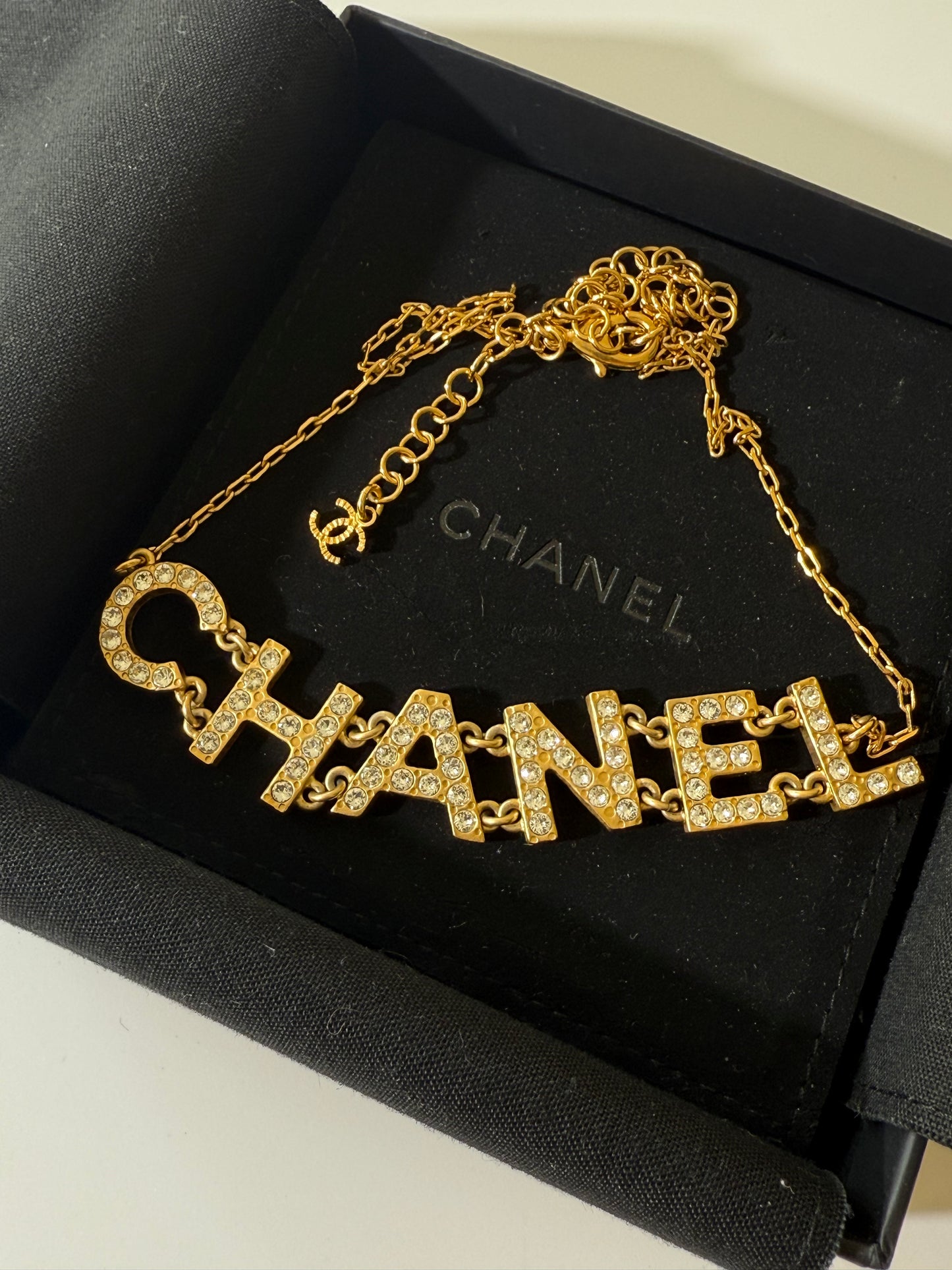 1990’s Chanel Metal Crystal Icon Logo Gold Necklace
