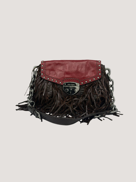Prada Red Vitello Shine Fringe Shoulder Bag Brown Dark brown