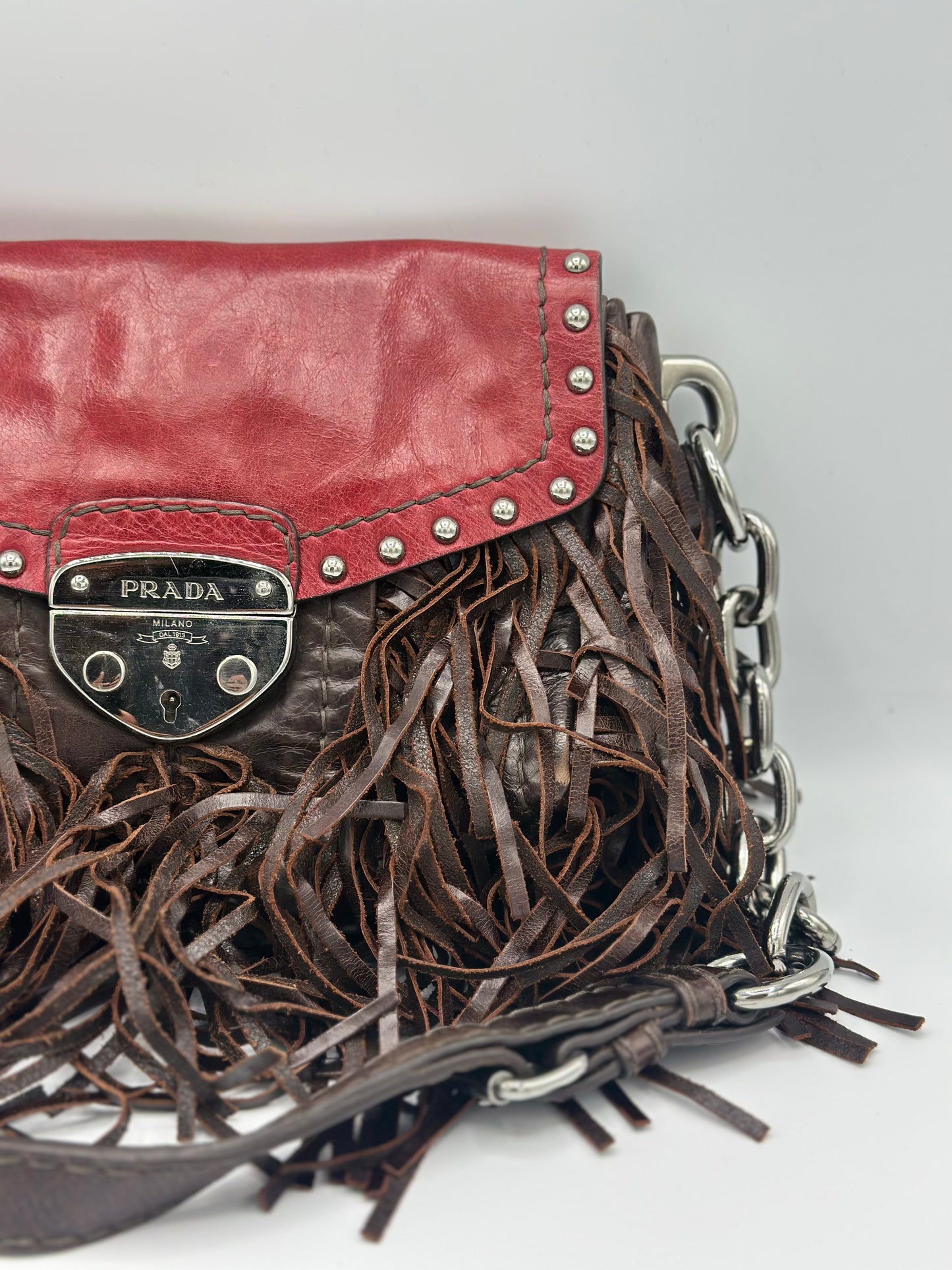 Prada Red Vitello Shine Fringe Shoulder Bag Brown Dark brown