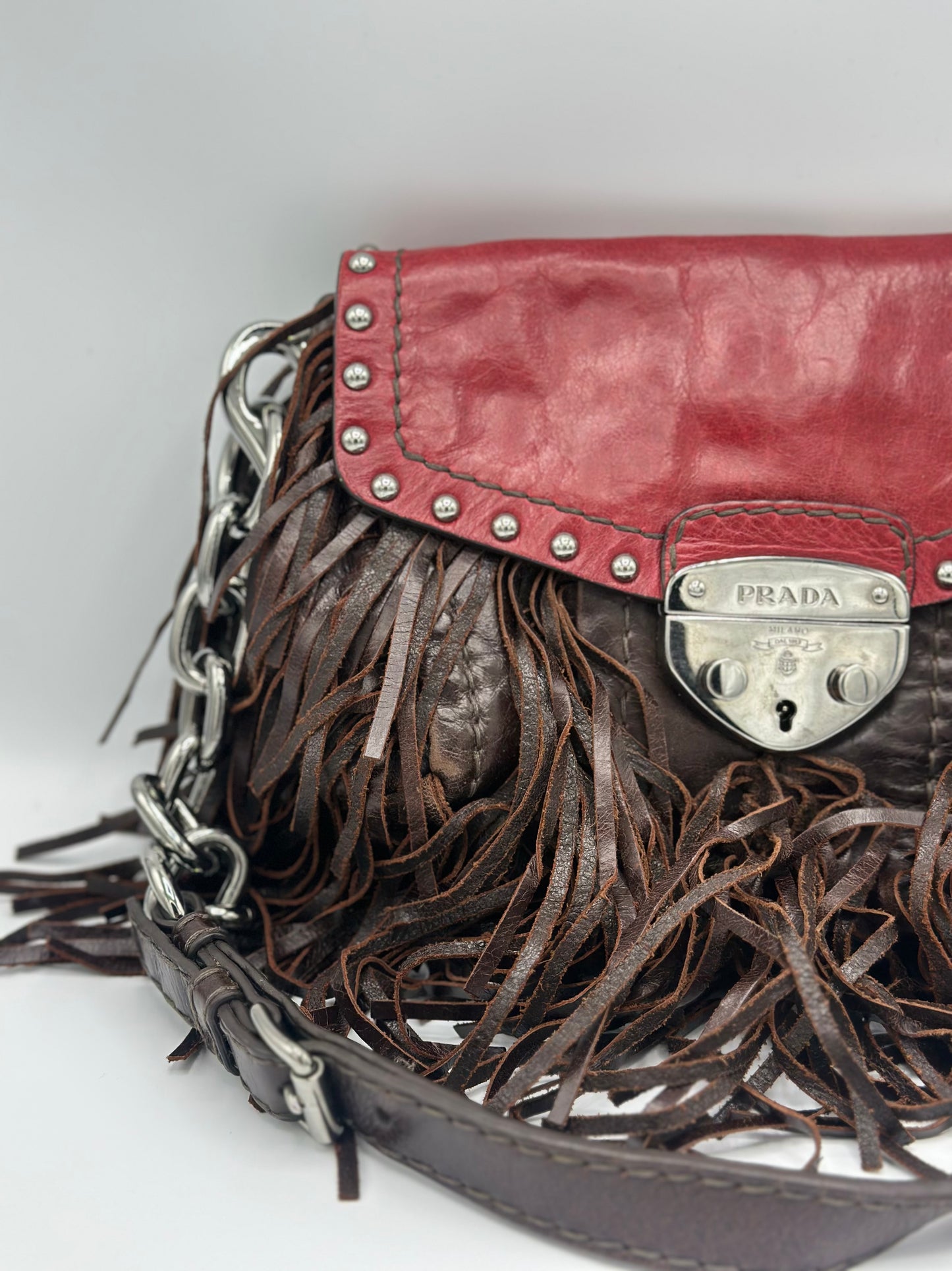 Prada Red Vitello Shine Fringe Shoulder Bag Brown Dark brown
