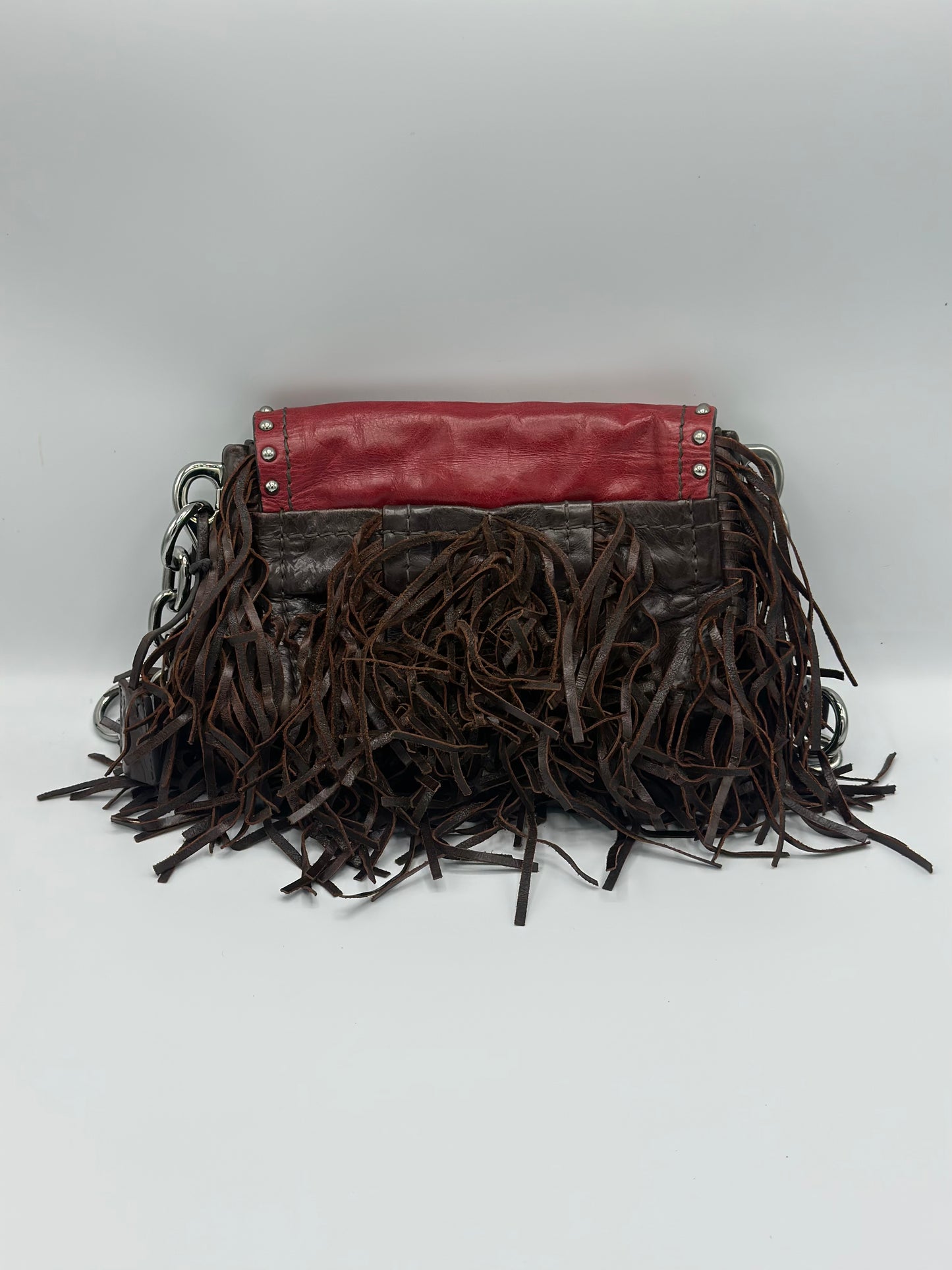 Prada Red Vitello Shine Fringe Shoulder Bag Brown Dark brown