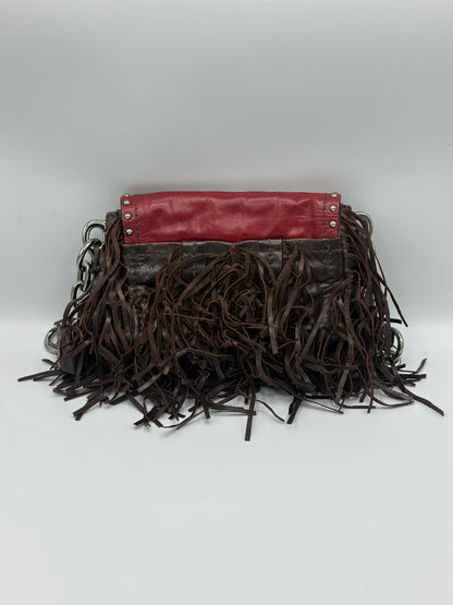 Prada Red Vitello Shine Fringe Shoulder Bag Brown Dark brown