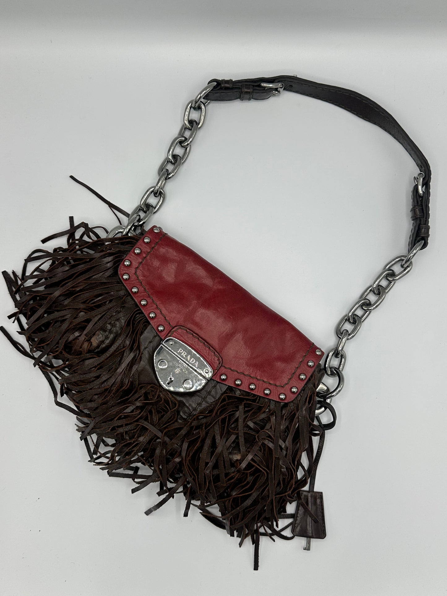 Prada Red Vitello Shine Fringe Shoulder Bag Brown Dark brown