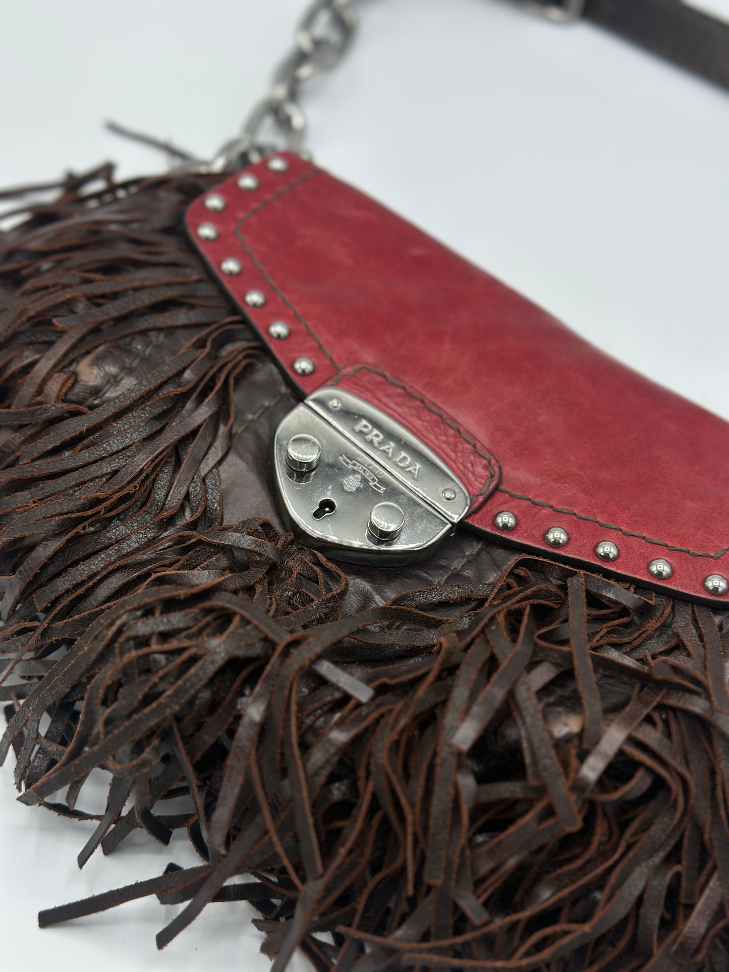Prada Red Vitello Shine Fringe Shoulder Bag Brown Dark brown