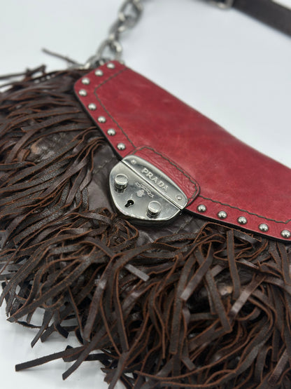 Prada Red Vitello Shine Fringe Shoulder Bag Brown Dark brown