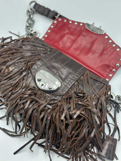 Prada Red Vitello Shine Fringe Shoulder Bag Brown Dark brown