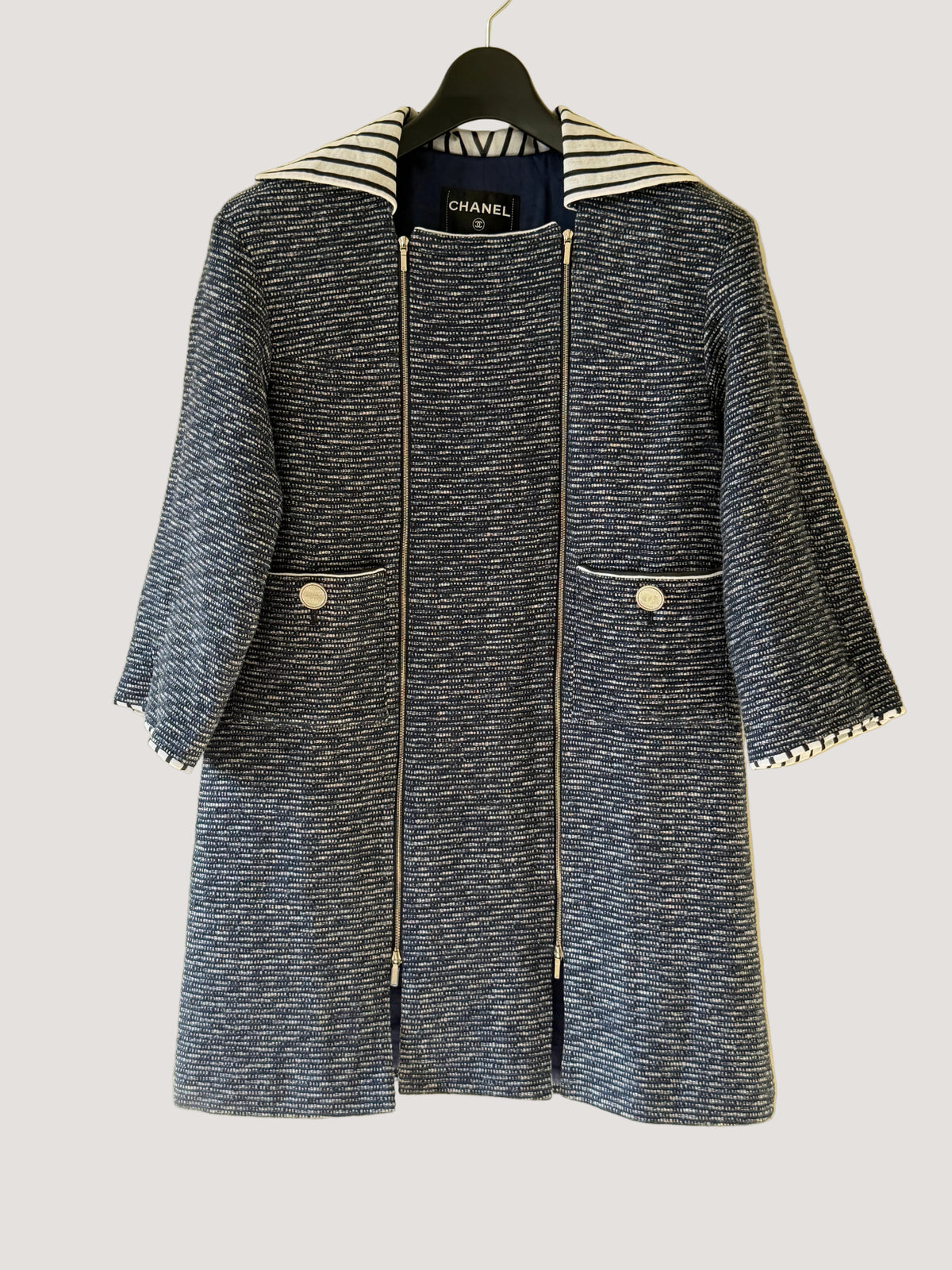 Chanel Spring 2017 Fantasy Tweed Coat in Navy and White