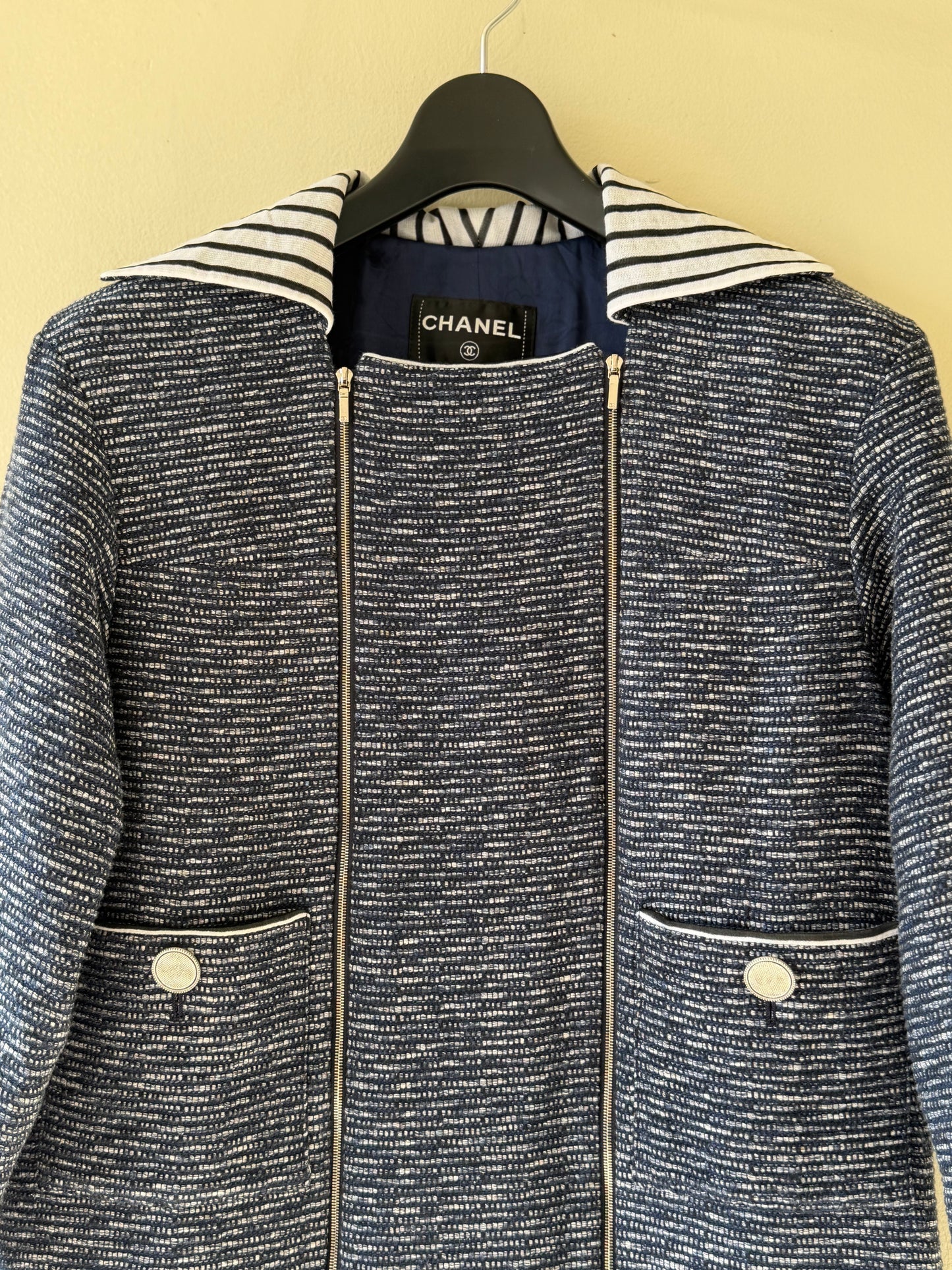 Chanel Spring 2017 Fantasy Tweed Coat in Navy and White