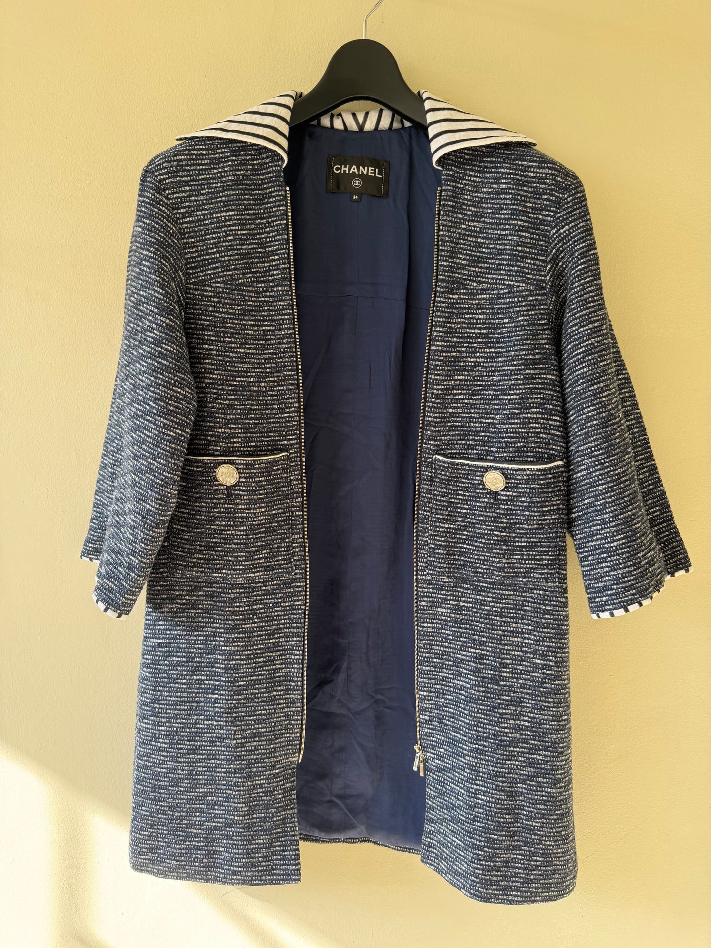 Chanel Spring 2017 Fantasy Tweed Coat in Navy and White
