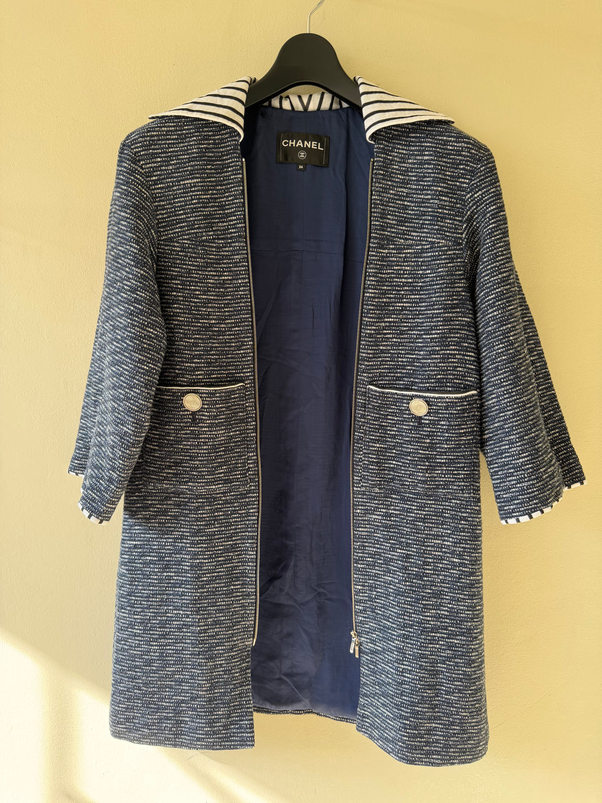Chanel Spring 2017 Fantasy Tweed Coat in Navy and White