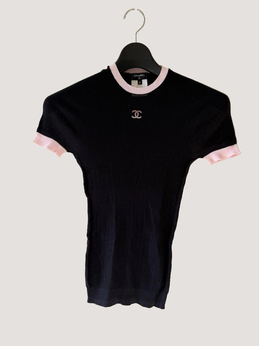 Chanel Black Short-Sleeved Top with Pink-Trimmed Collar and Sleeves