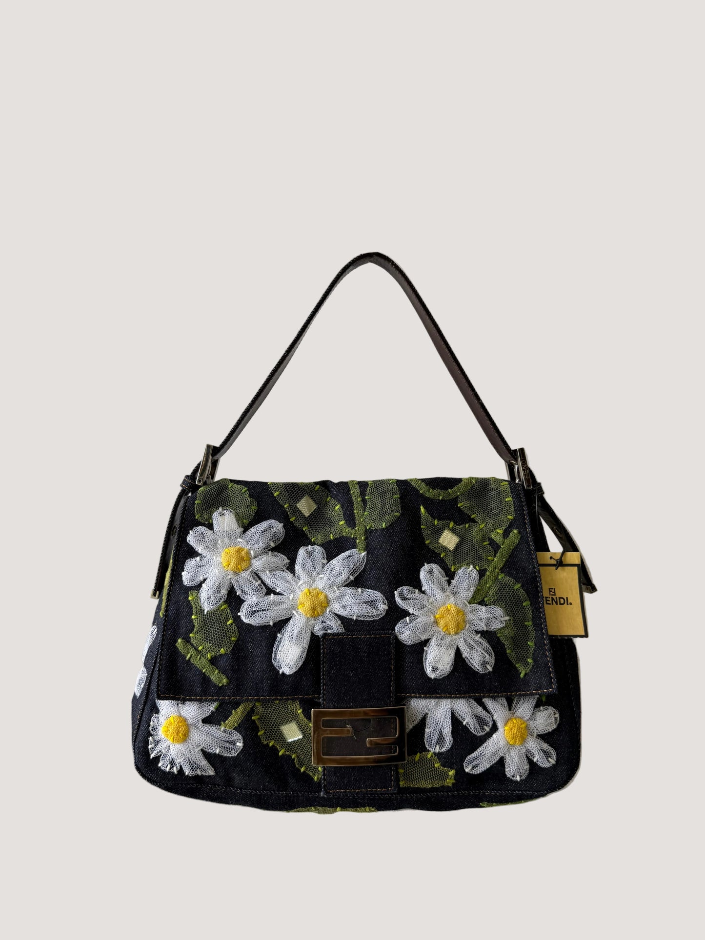 Vintage Fendi Denim Flower Applique Mamma Baguette