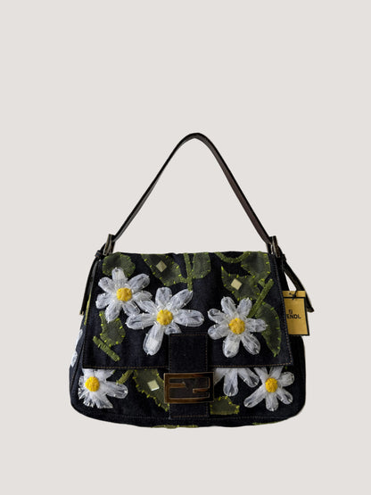 Vintage Fendi Denim Flower Applique Mamma Baguette