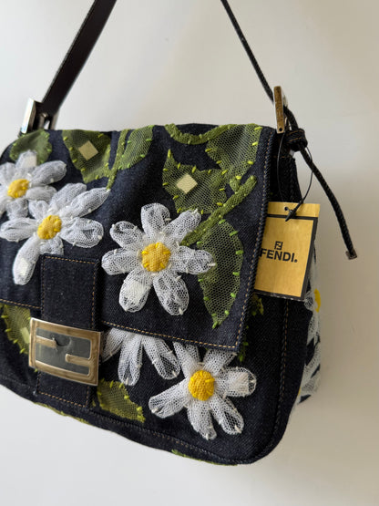 Vintage Fendi Denim Flower Applique Mamma Baguette