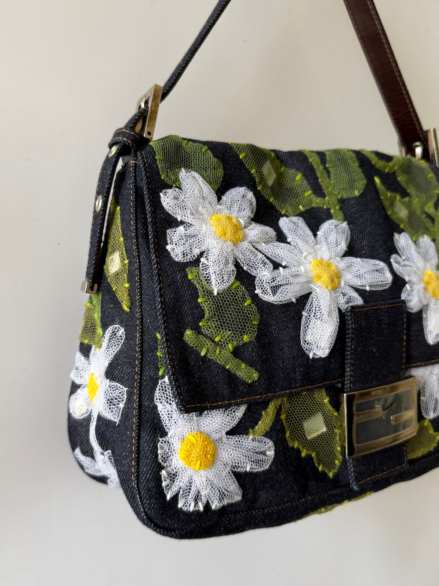 Vintage Fendi Denim Flower Applique Mamma Baguette